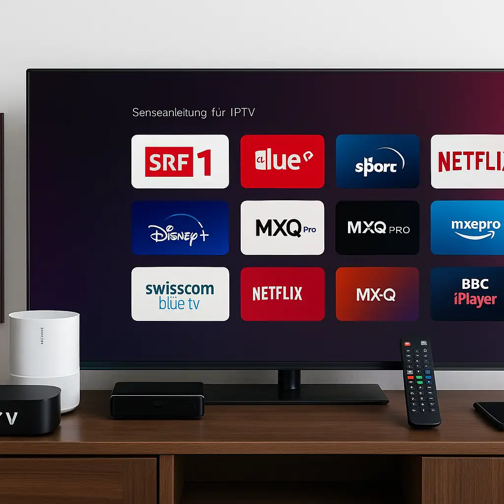 Hochauflösendes Bild eines modernen IPTV-Setups mit Schweizer Sender-Logos wie SRF, RTS, Blue Sport und MySports auf dem Bildschirm – ideal für den Schweizer Markt.